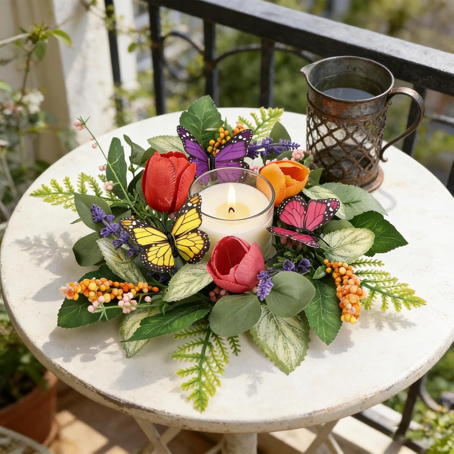4 PCS Summer Lavender Tulips Candle Rings Wreaths Artificial Floral Pillar