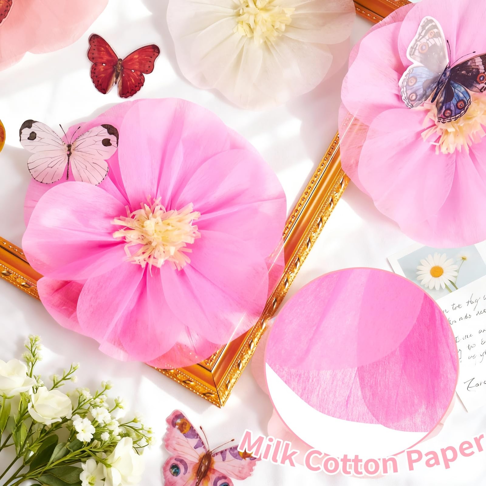 Large Paper Flower Decorations with 3D Butterfly Stickers Pink Yellow Giant T…