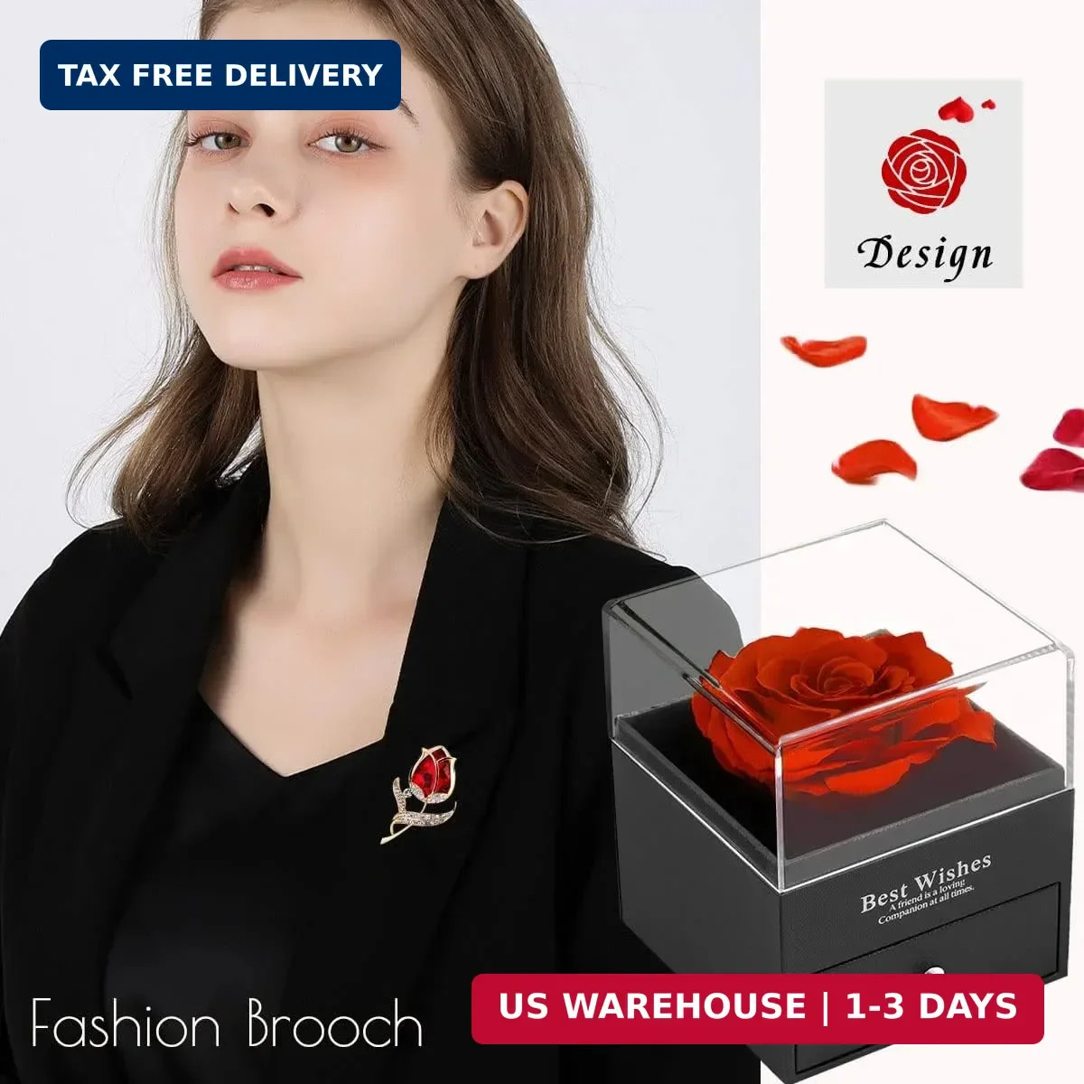 SWEETIME Preserved Red Rose Gift Box- Enchanted Real Roses with Ruby Brooch, Ete