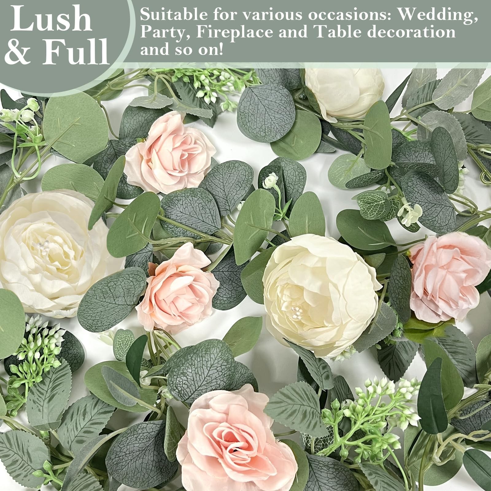 2 Pack 13FT Eucalyptus Flower Garland with White Peony & Pink Rose, Fake Floral