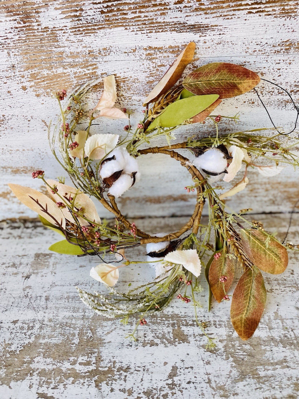 Cotton & Leaves Ring Fall Centerpiece Farmhouse Decor