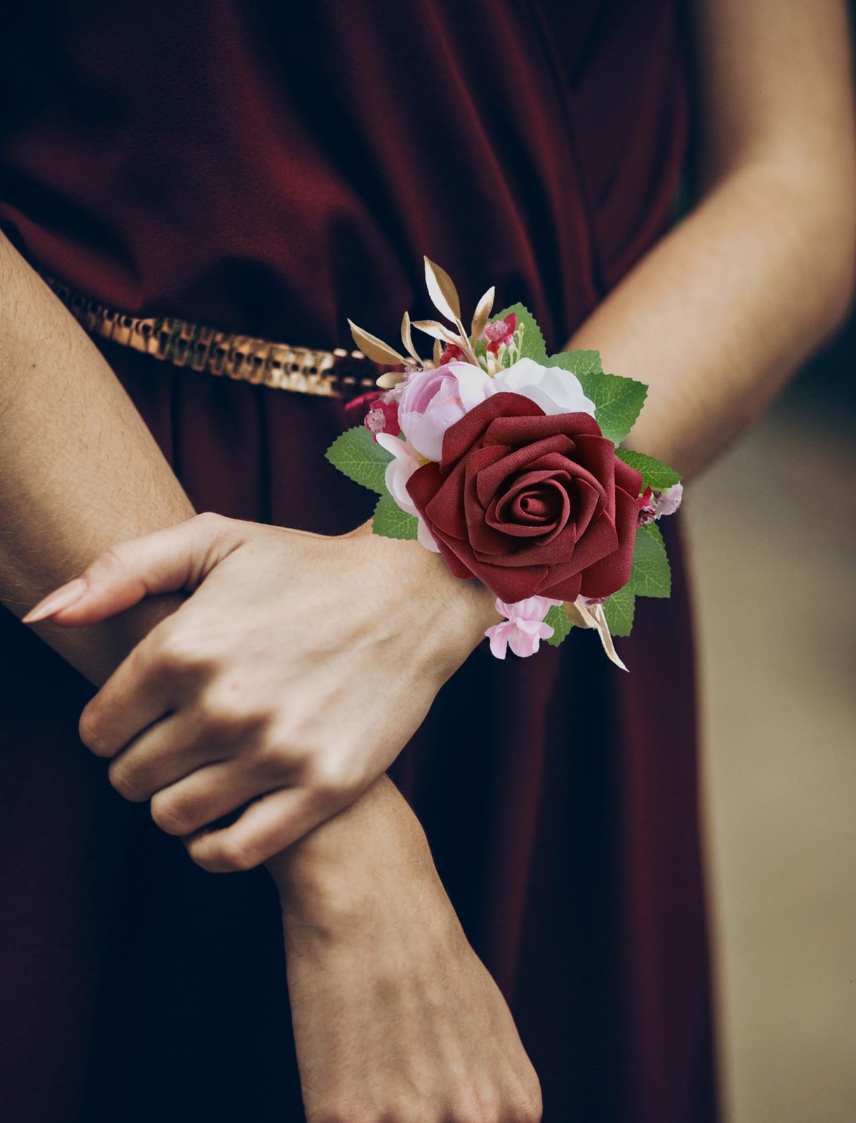 2 PCS Burgundy Red Artificial Foam Rose Wrist Corsage Boutonniere Set Prom
