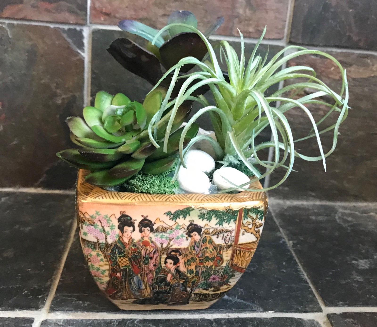 Artificial Green Grass Succulent Planter in a Satsuma Bowl with Geishas