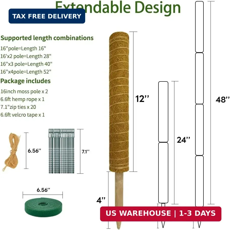 Moss Pole Monstera Plant Support: 4 Pack 16 inch Stackable Coco Coir Moss Totem