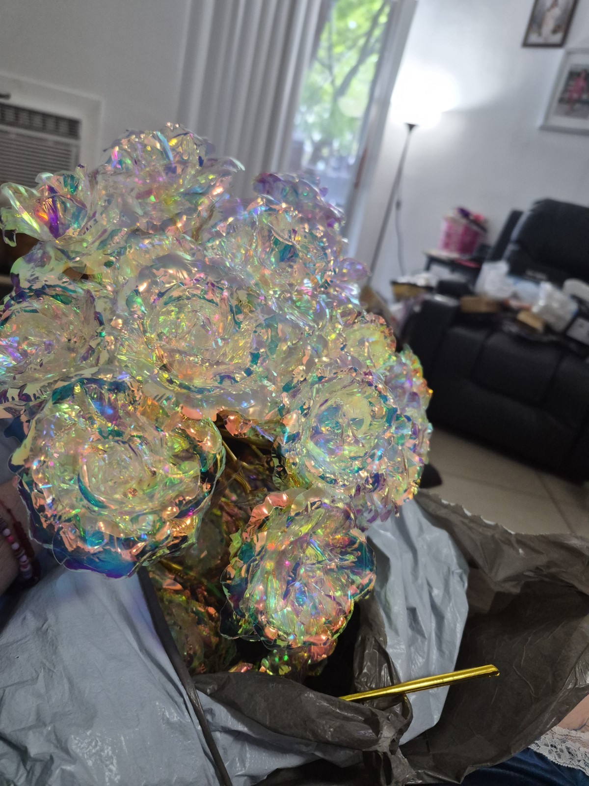 Artificial Iridescent Multicolor Flower Stem Floral Pick, Gold Metal Stem