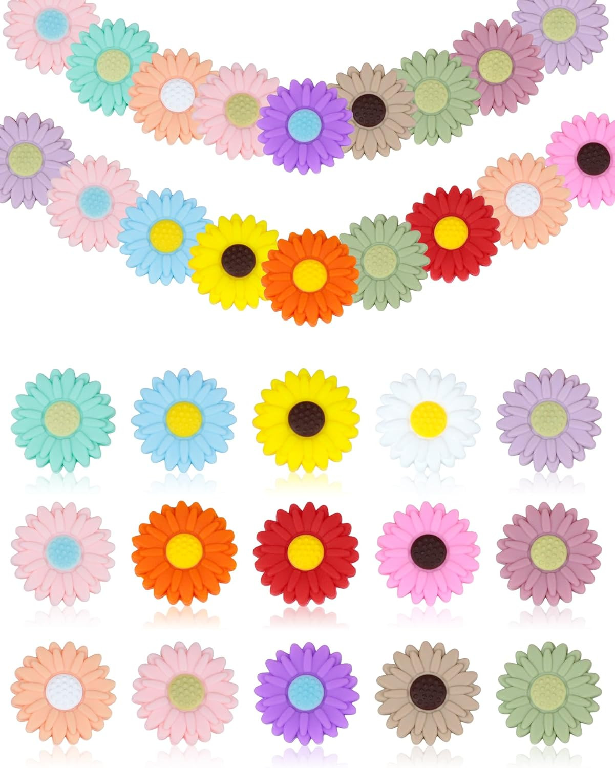 30PCS Sunflowers & Daisy Focal Silicone Beads – Loose Beads for Pens, Necklaces