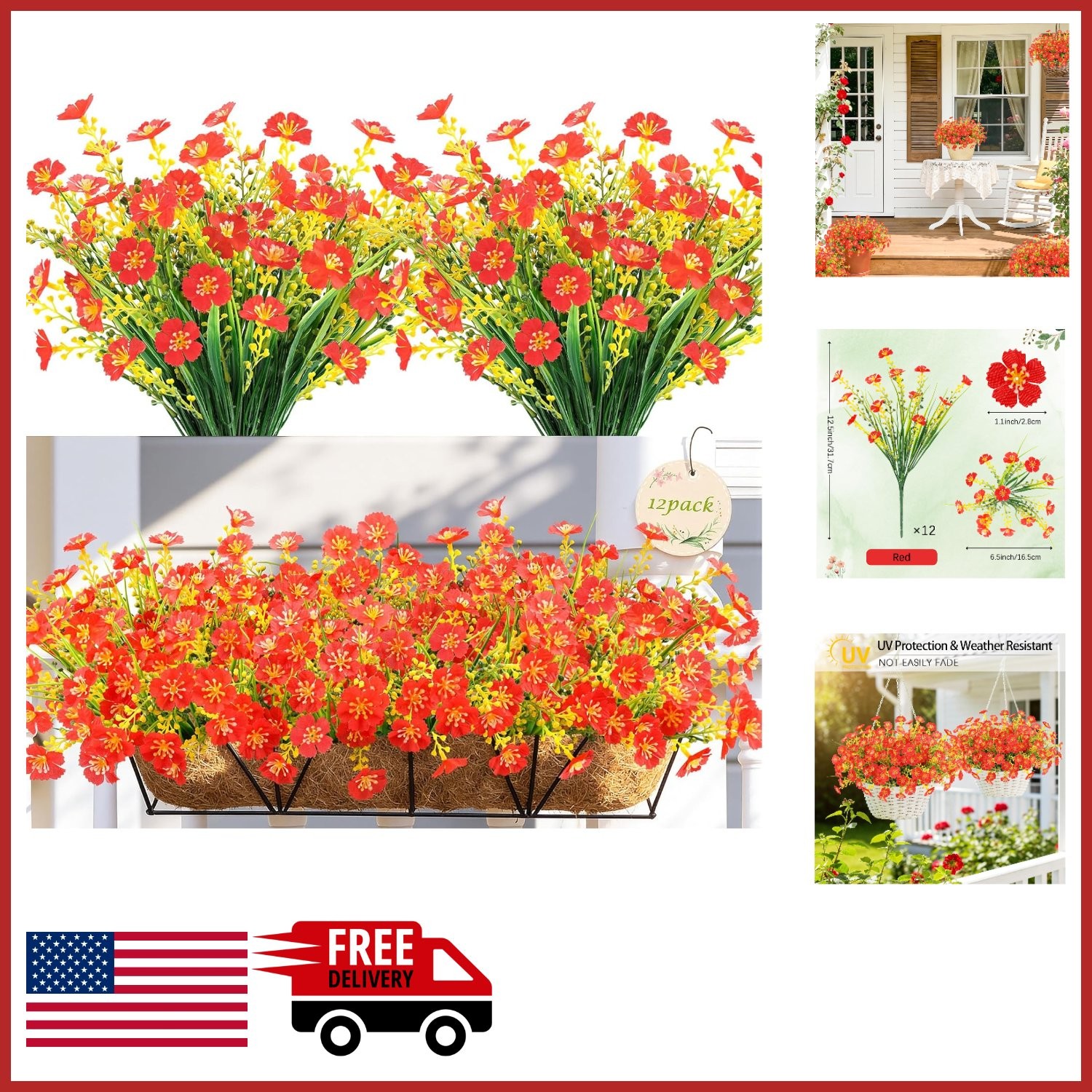 12 Bundles Red Artificial Flowers for Outdoor Garden Decor UV Resistant
