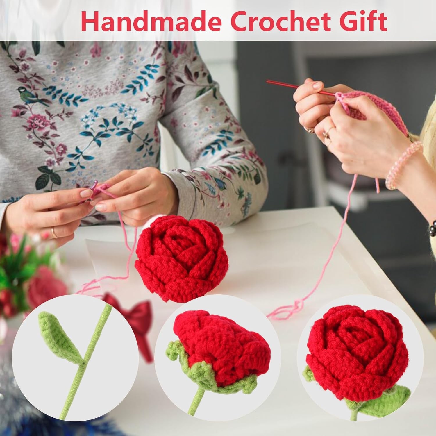 Handmade Crochet Red Rose, Knitted Bouquet Rose, Artificial Rose for Girl, Perfe