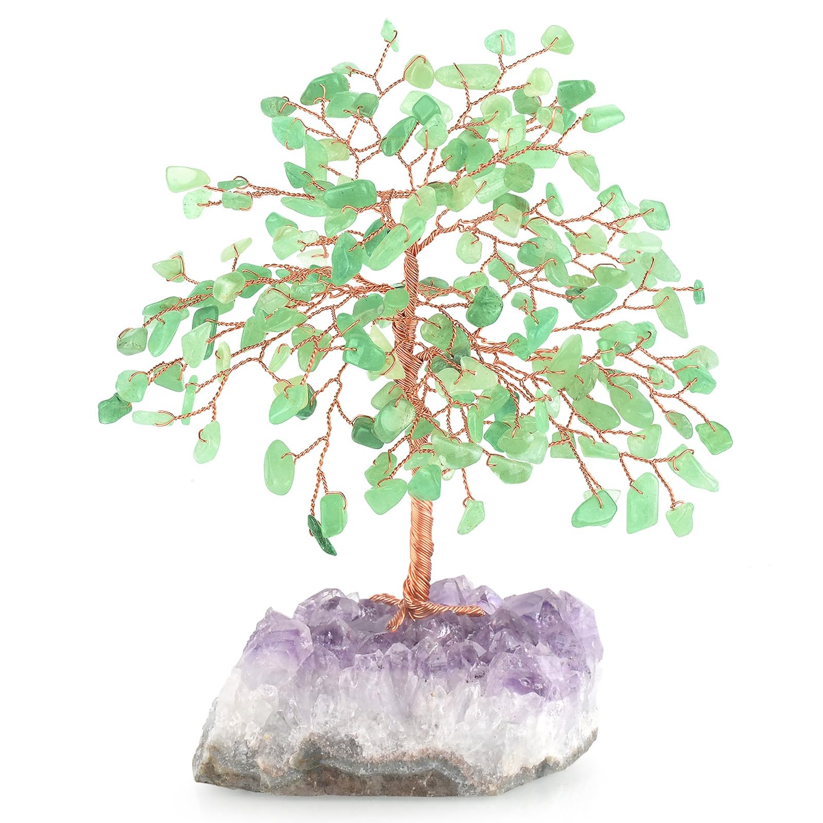 Gemstone Crystal Tree of Life,Natural Green Aventurine with Amethyst Cluster Bas