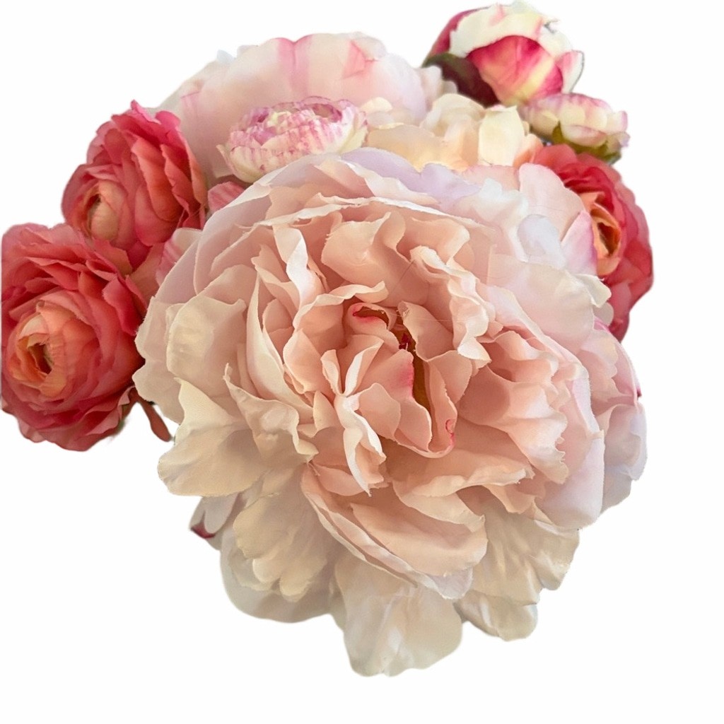 Shabby chic Vintage Glass hobnail vase ruffled edge WITH pink peony arrangement.