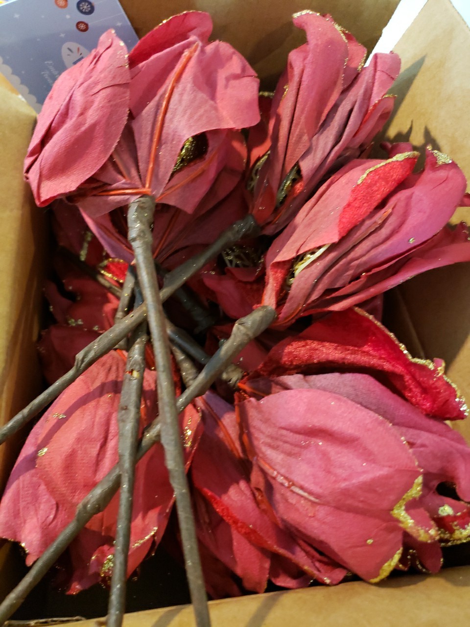 Poinsettias 16 Red Gold Sparkle Trim 9″ Total Stem 6″ Decorations For Tree Table