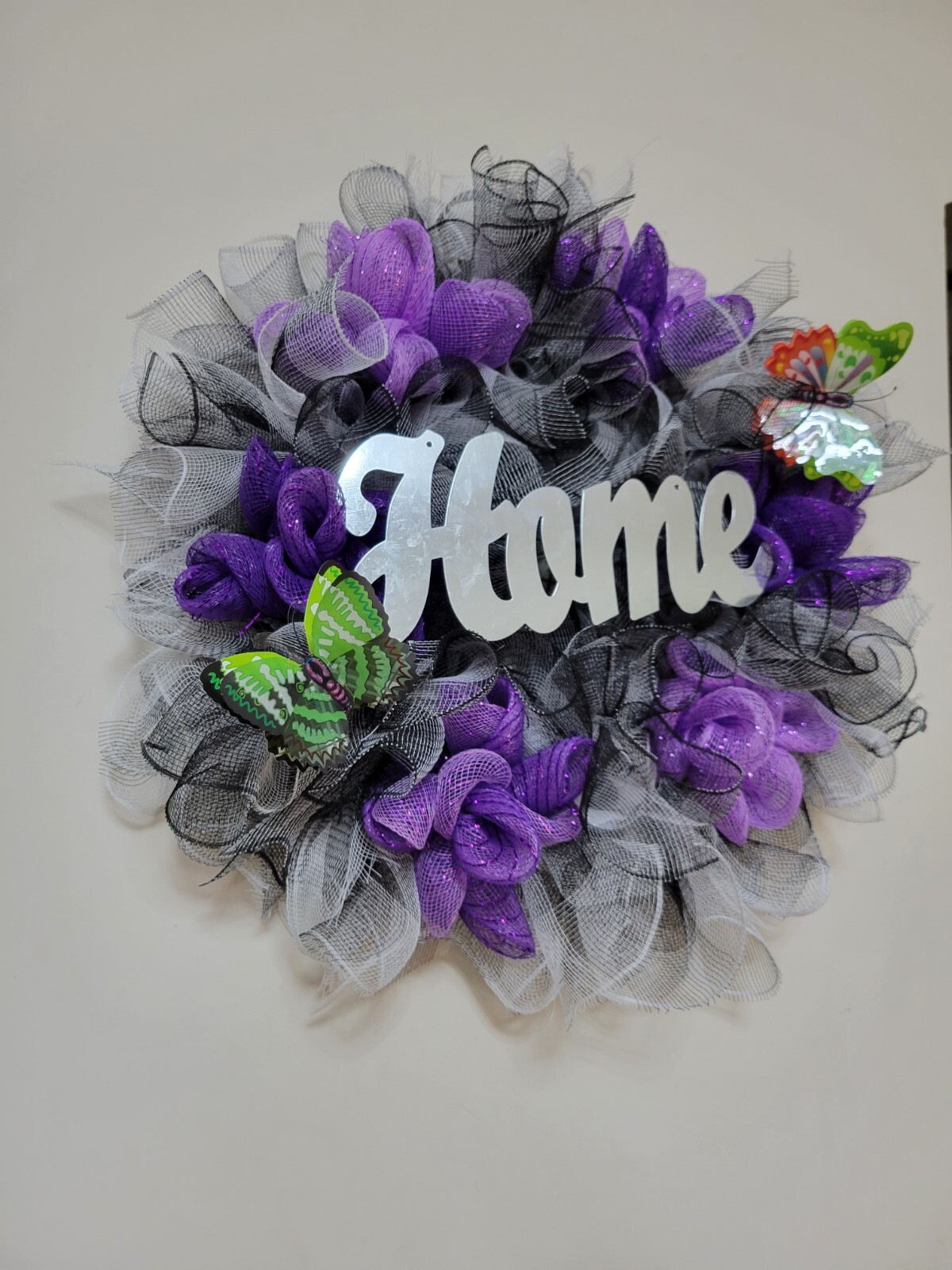 HOME black purple white Spring Summer Fall Wreath bunny Mesh Front Door Decor