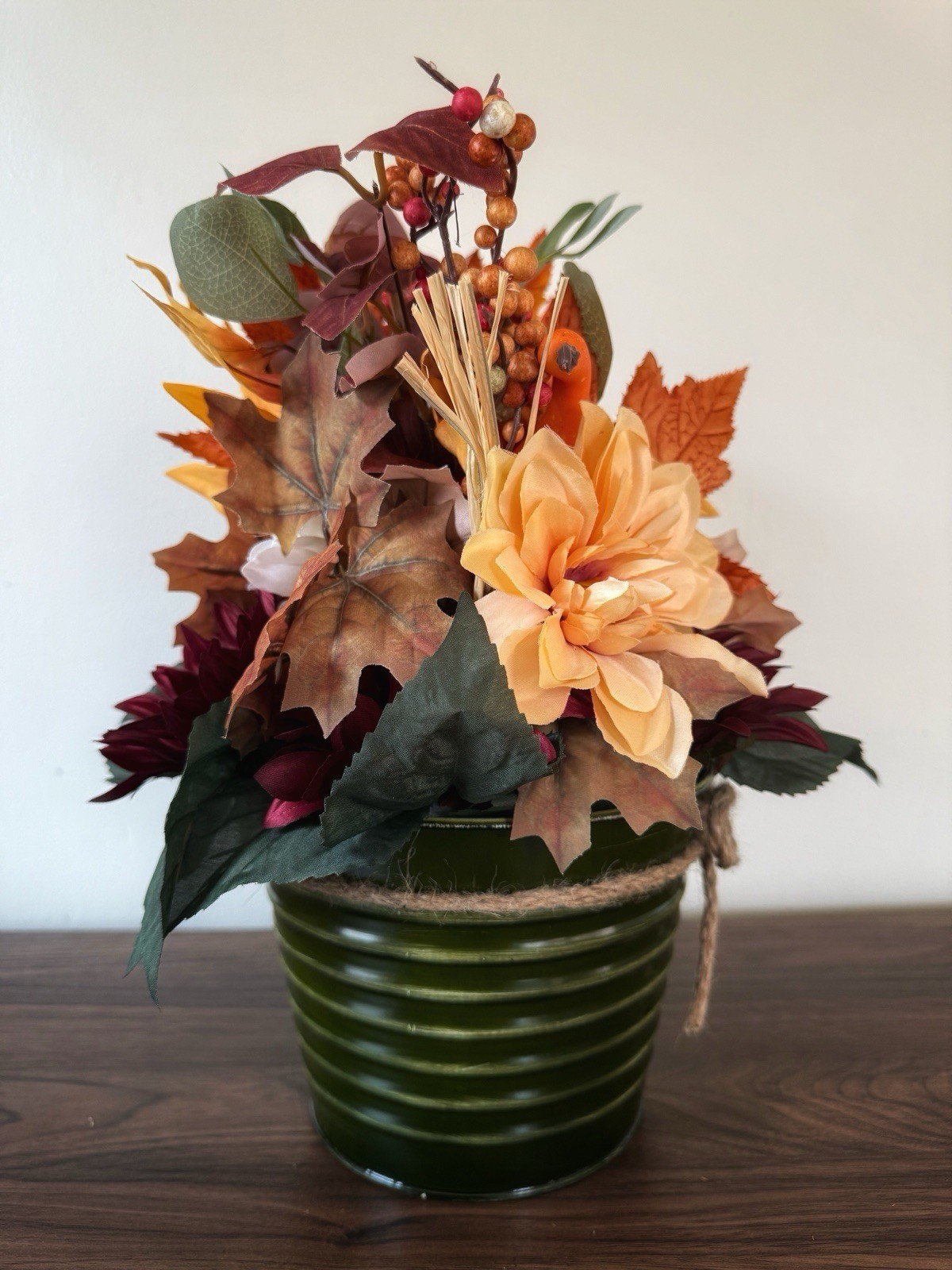Handmade Fall Colors Centerpiece In A Warm, Festive Tin With Silk Flowers
