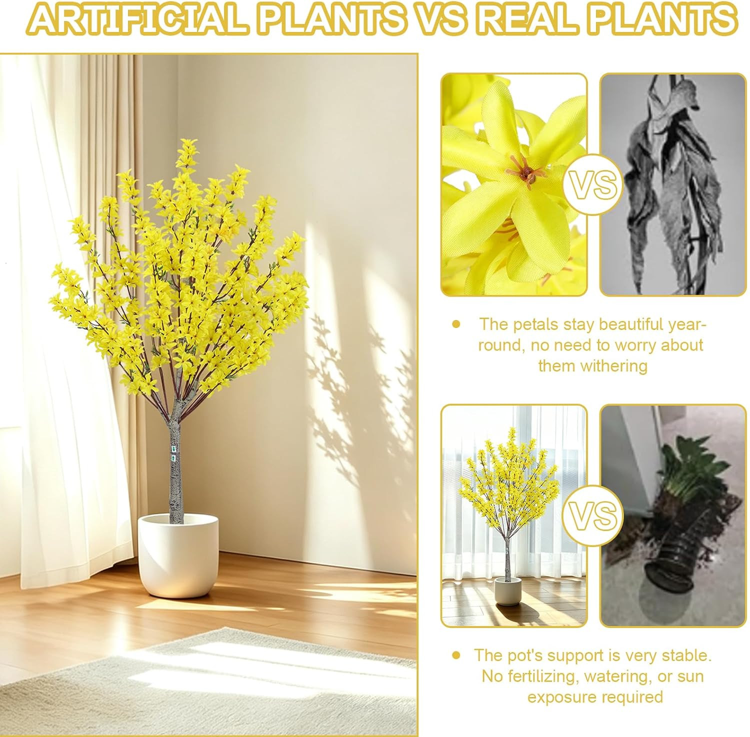 4FT Yellow Faux Forsythia Tree with Pot – Lifelike Indoor/Outdoor Decor
