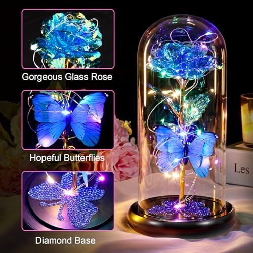 Eternal Blue Rose in Glass Dome with Butterfly – Valentine’s Day Gifts for Her,