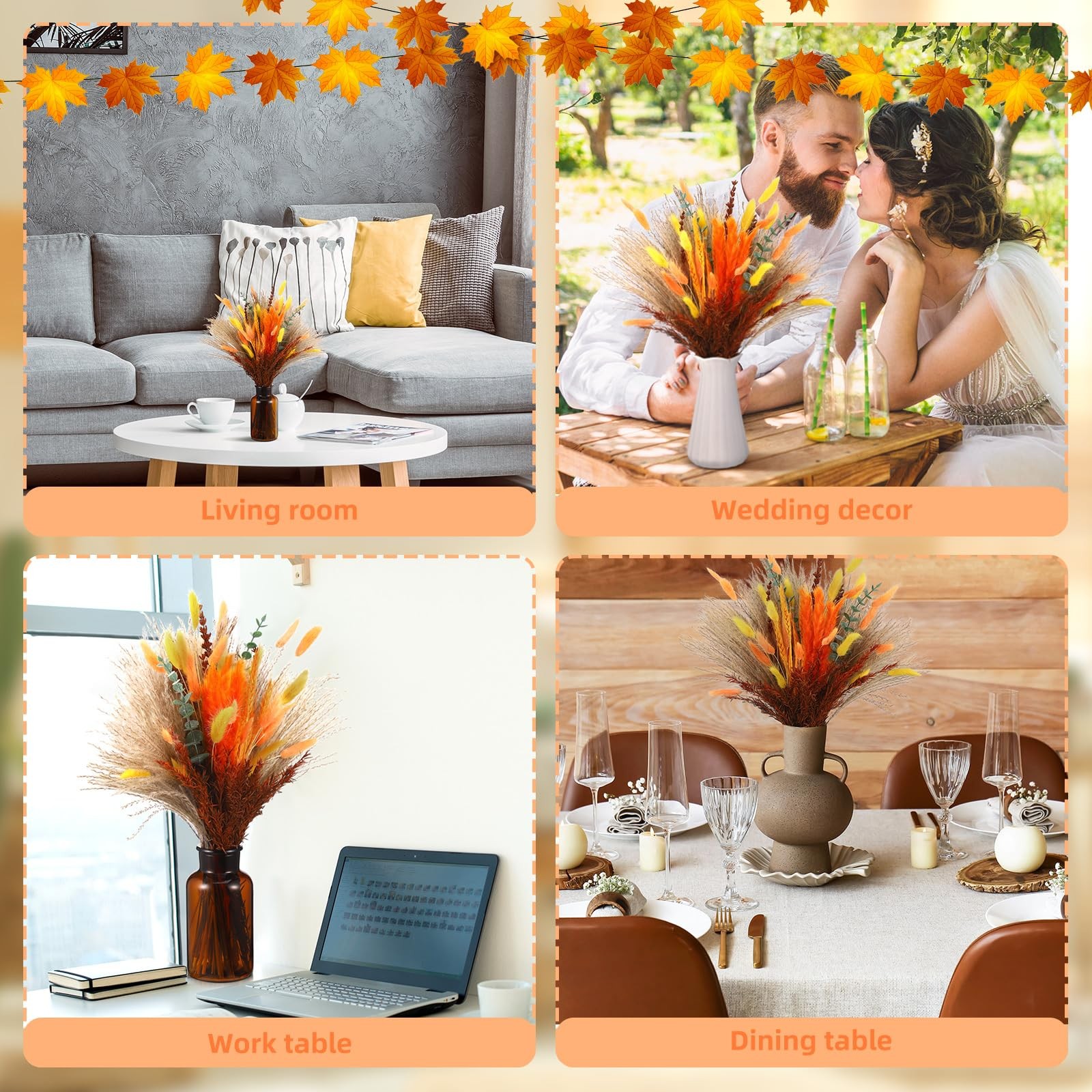 200 Pcs Fall Mix Dried Flower Decor Pampas Bouquet Autumn Orange Table Center…