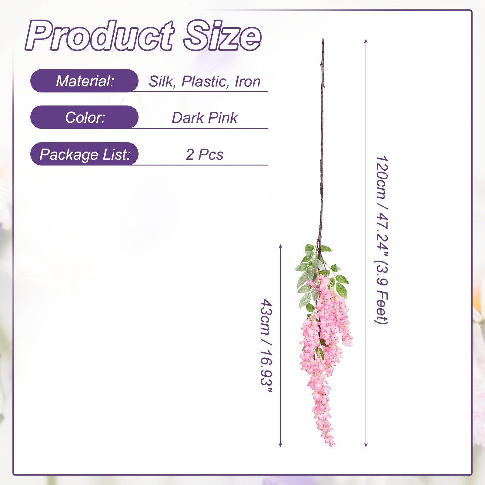2 Pcs Artificial Wisteria Hanging Flowers 3.9 ft Fake Hanging Floral Dark Pink