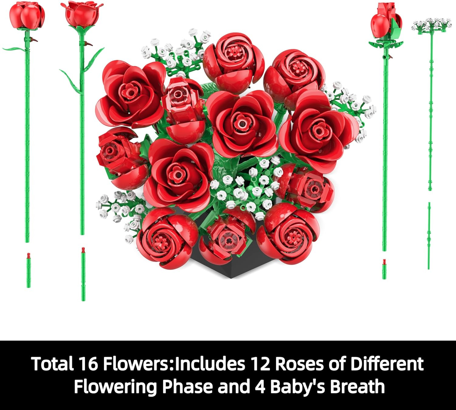 Red Rose Bouquet Building Set, 960PCS Roses Artificial Flowers Botanical Collect