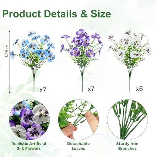 Ouddy Decor 20 Bundles Artificial Pansy Flowers for Outdoors, Fake Silk Flowers