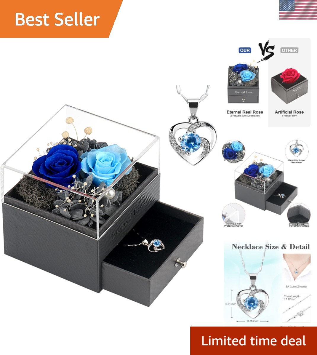 Handmade Preserved Rose Jewelry Box with Heart Necklace – Romantic Women’s Gift