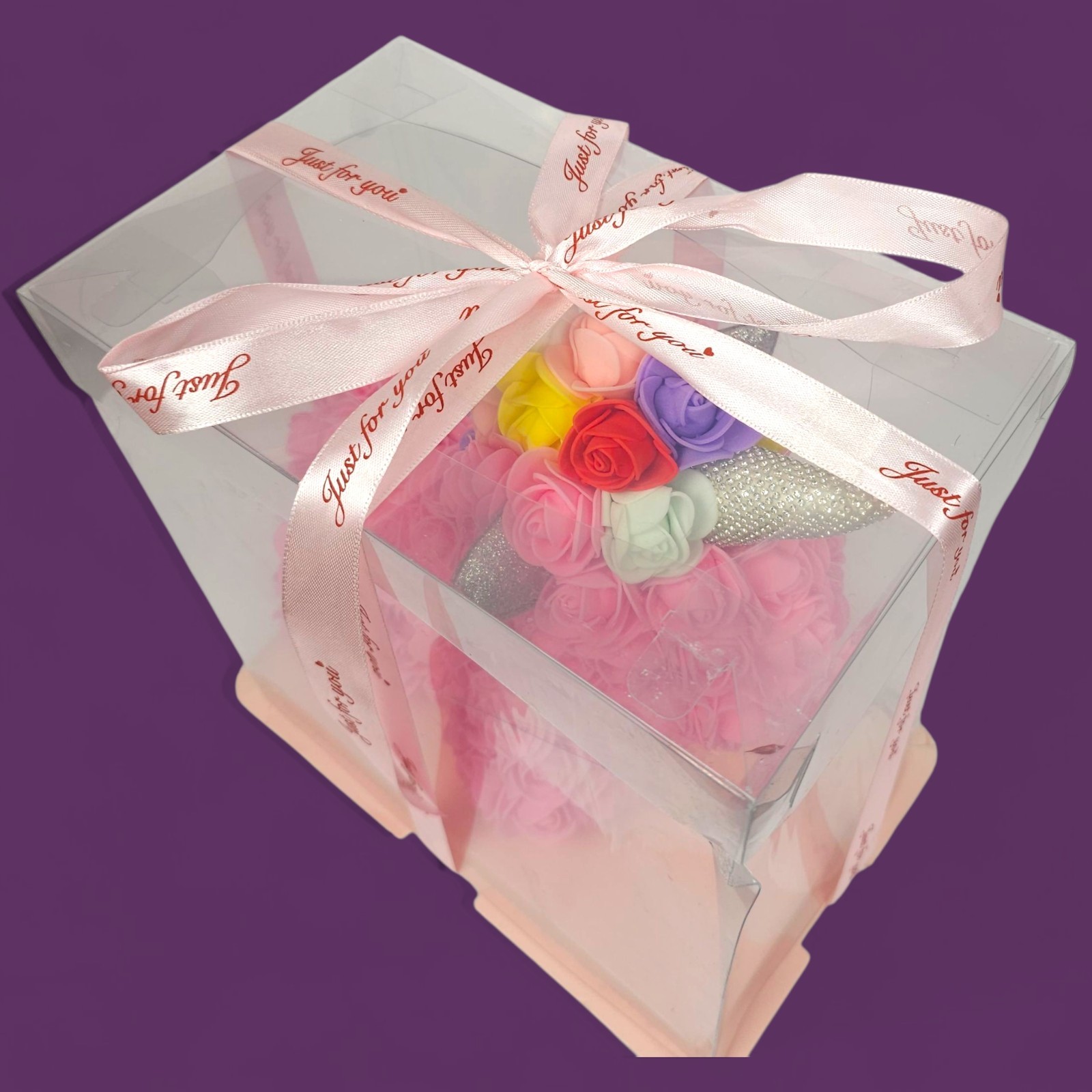 Rose Unicorn Gift – Pink Foam Flowers, Rainbow Mane, “Just For You” Box Damaged