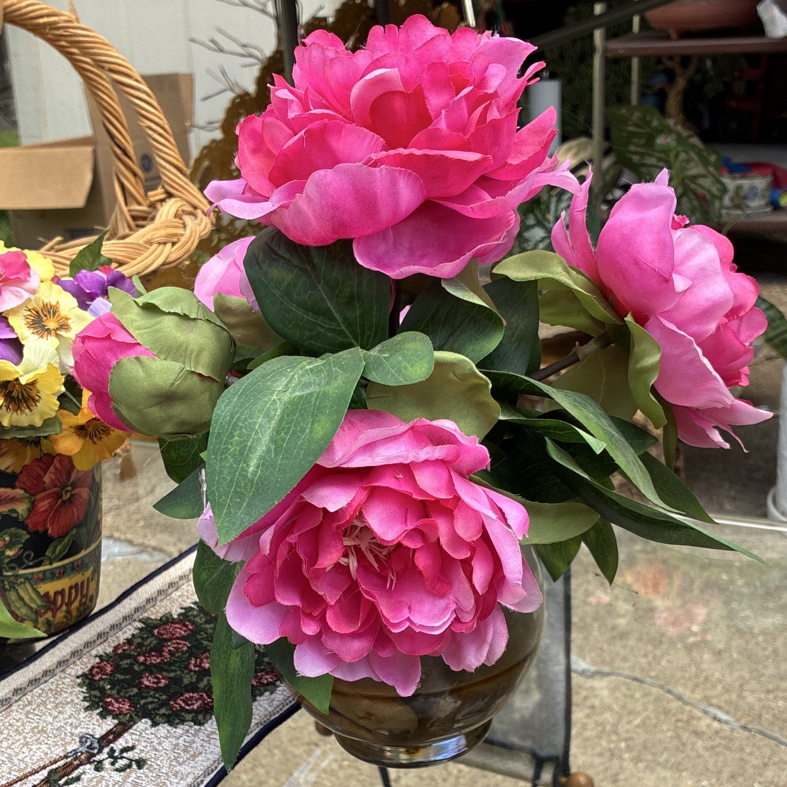Artificial Pink Peony Arrangement in Glass Vase w/ Green Leaves