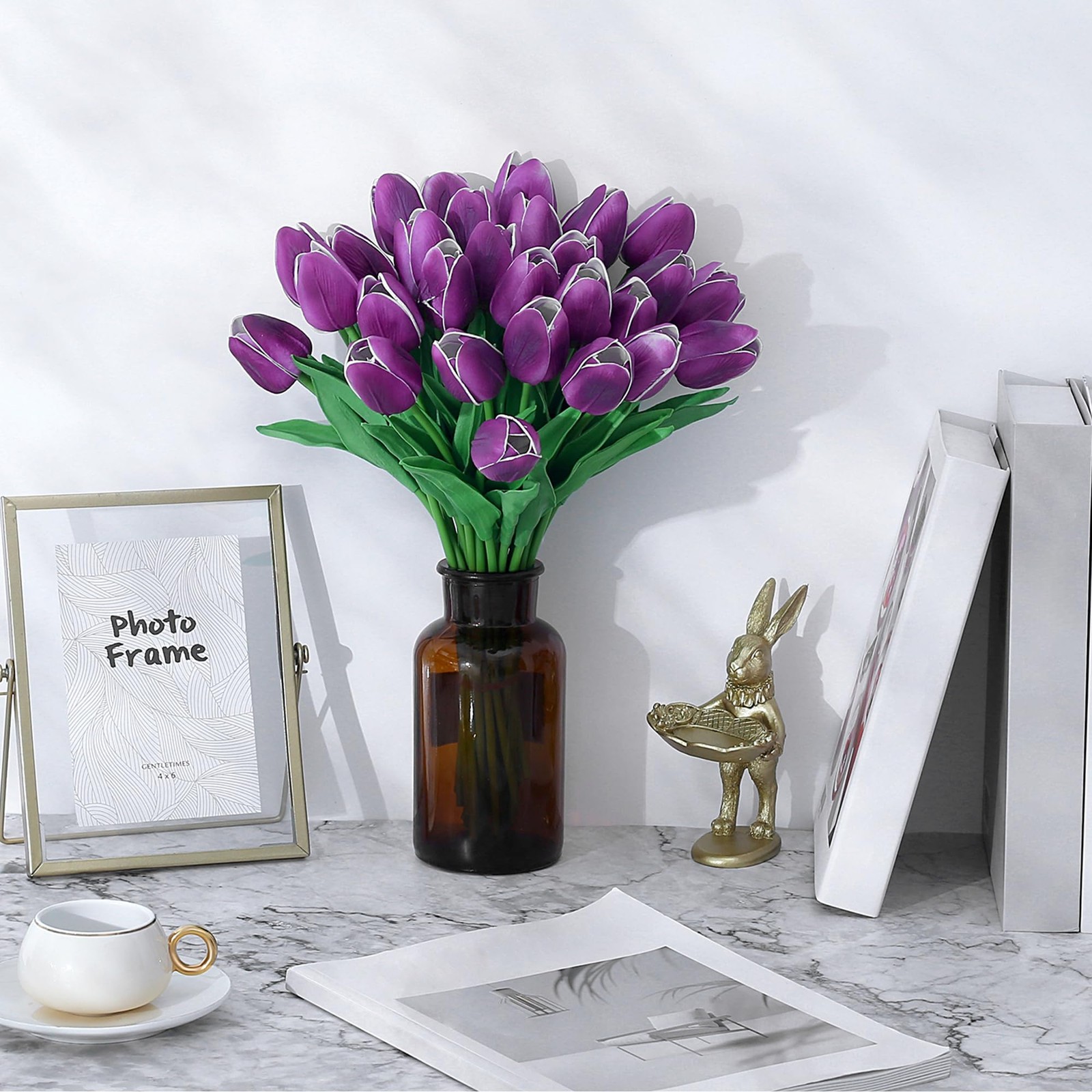 15pcs Purple Tulips Fake Artificial Flowers Real Touch 14″ PU Flower for Home…