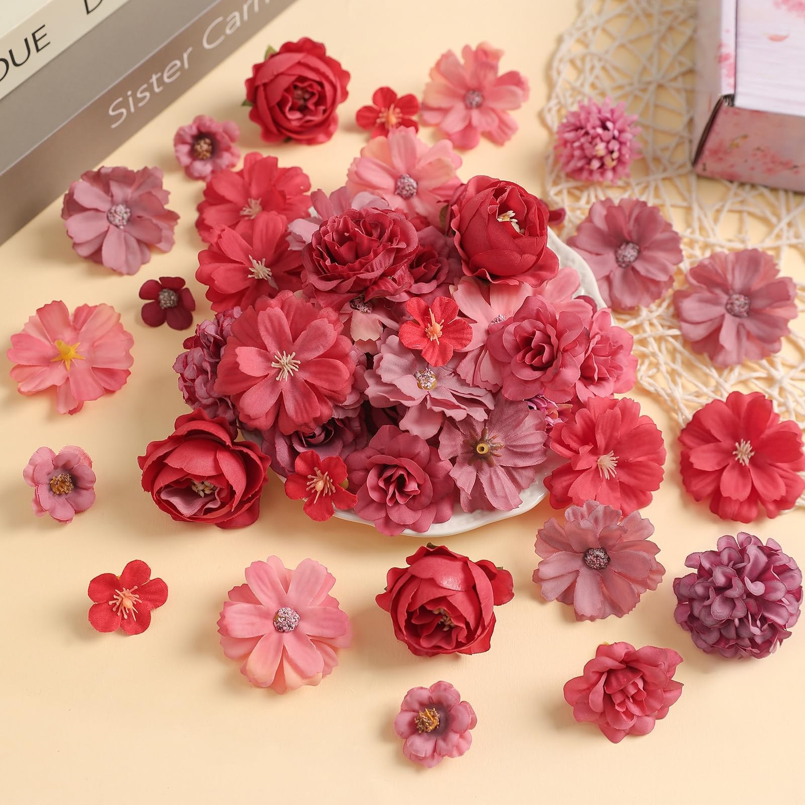 Faux Flower Heads Mini Red Artificial Flower Heads Fake Peony Daisy Rose Flow…