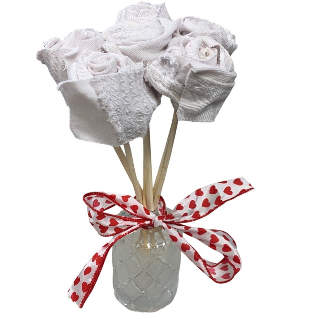 Handmade Upcycled White Denim Valentine’s Day Gift 6 Rose Bouquet in Glass Vase
