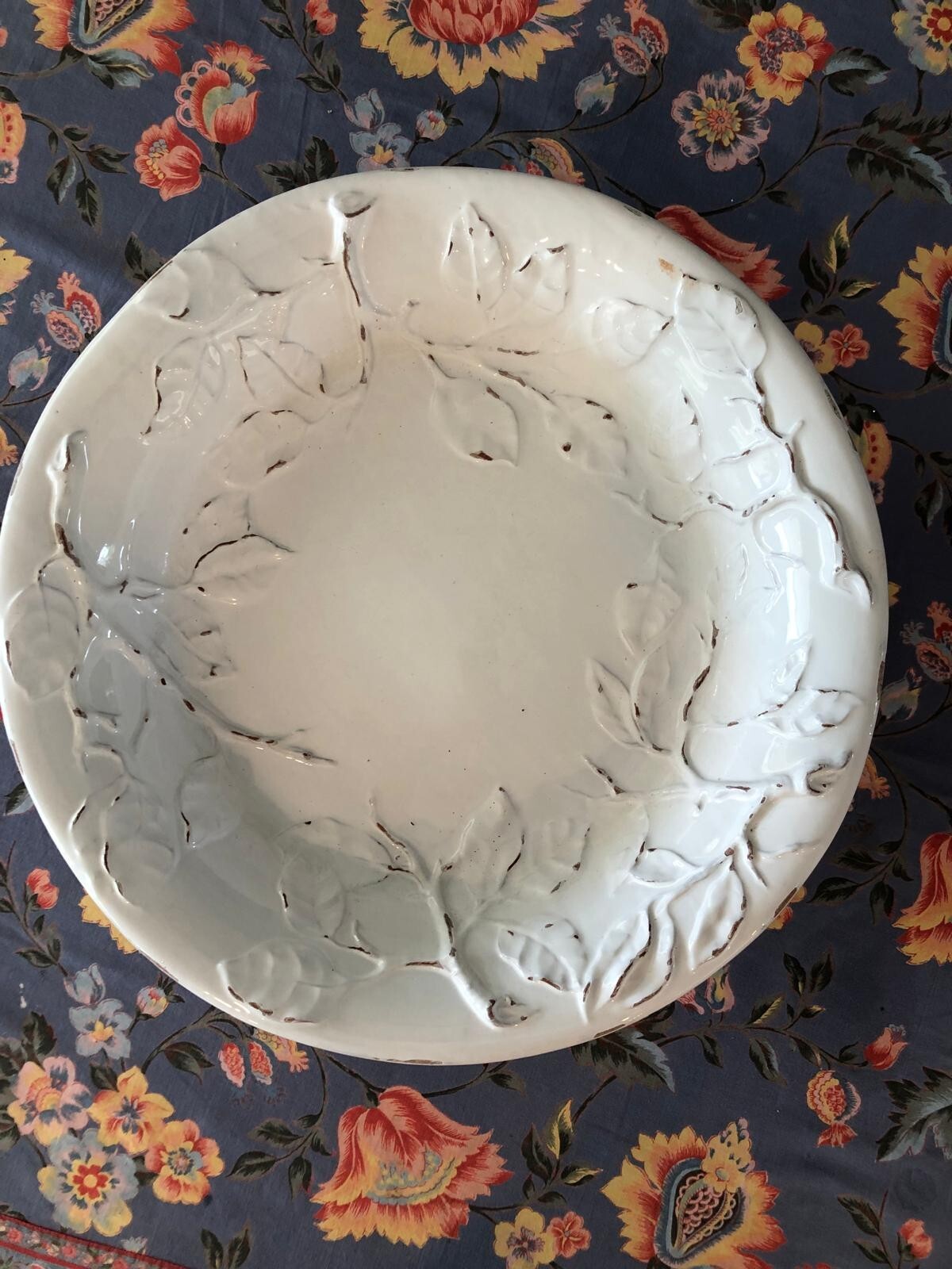 Italian Plate with leaves in relief brownish markings 20” Diameter