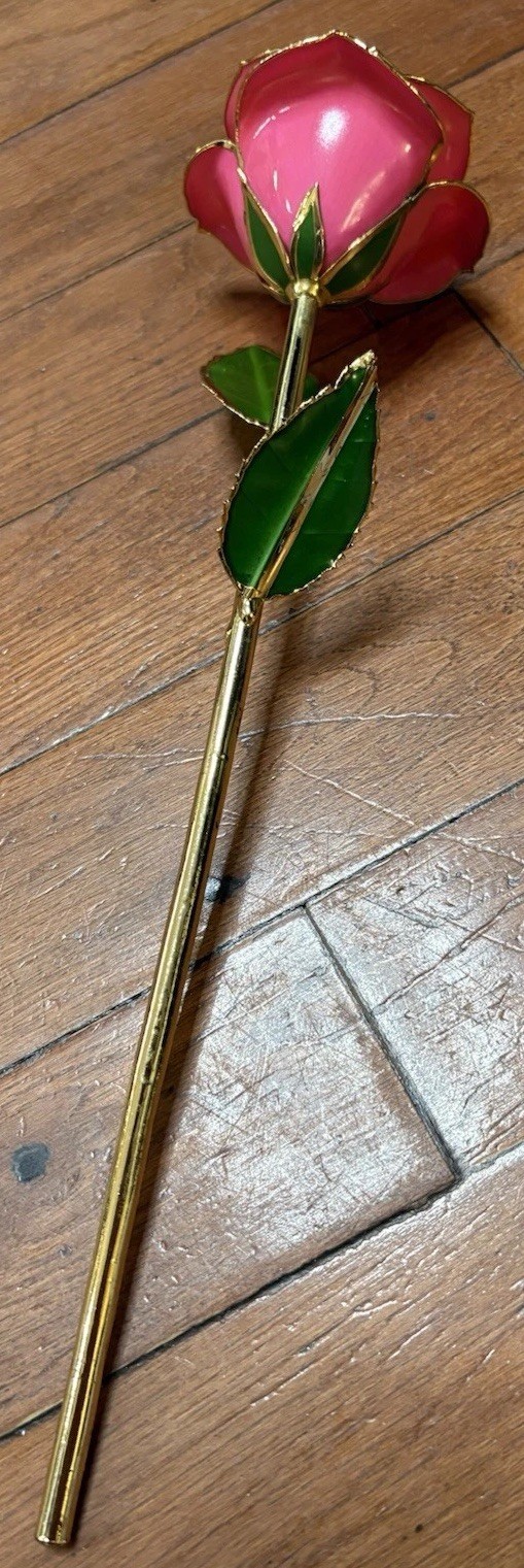 Artificial Pink Rose Flower Stem w/ Gold Trim in Gift Box, 12 in Metal