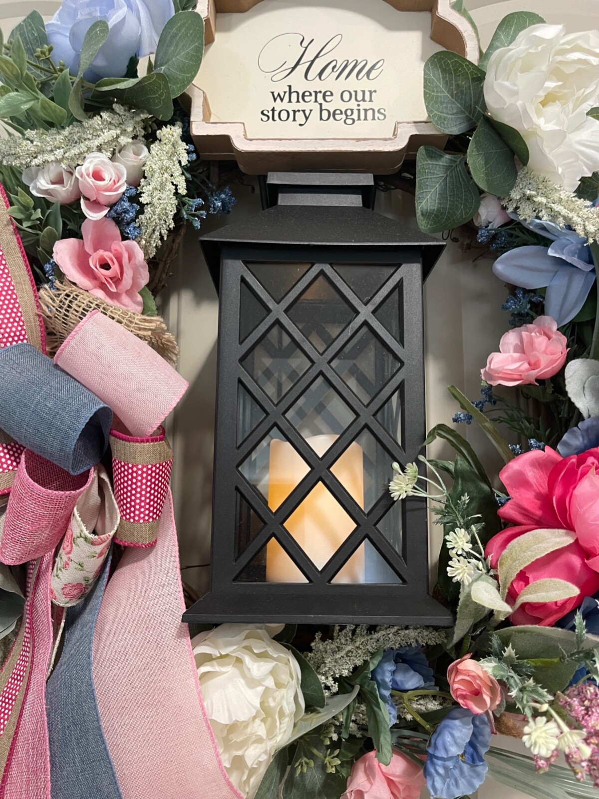 Home Where our Story Begins Lantern wreath by Taylormadecustombows 27x25x7″
