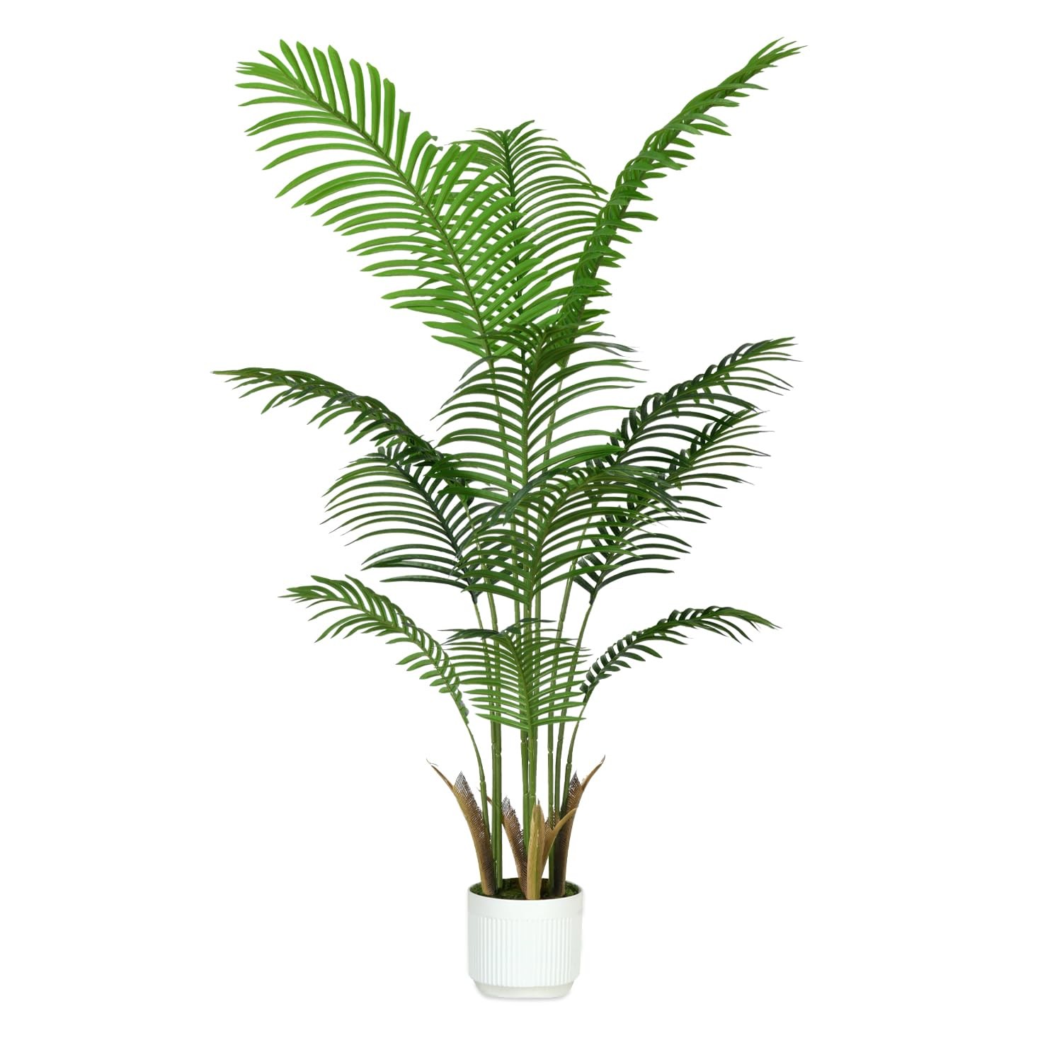 4FT Artificial Palm Tree Indoor with White Pot, Realistic Leaves, 9 Trunks Ad…