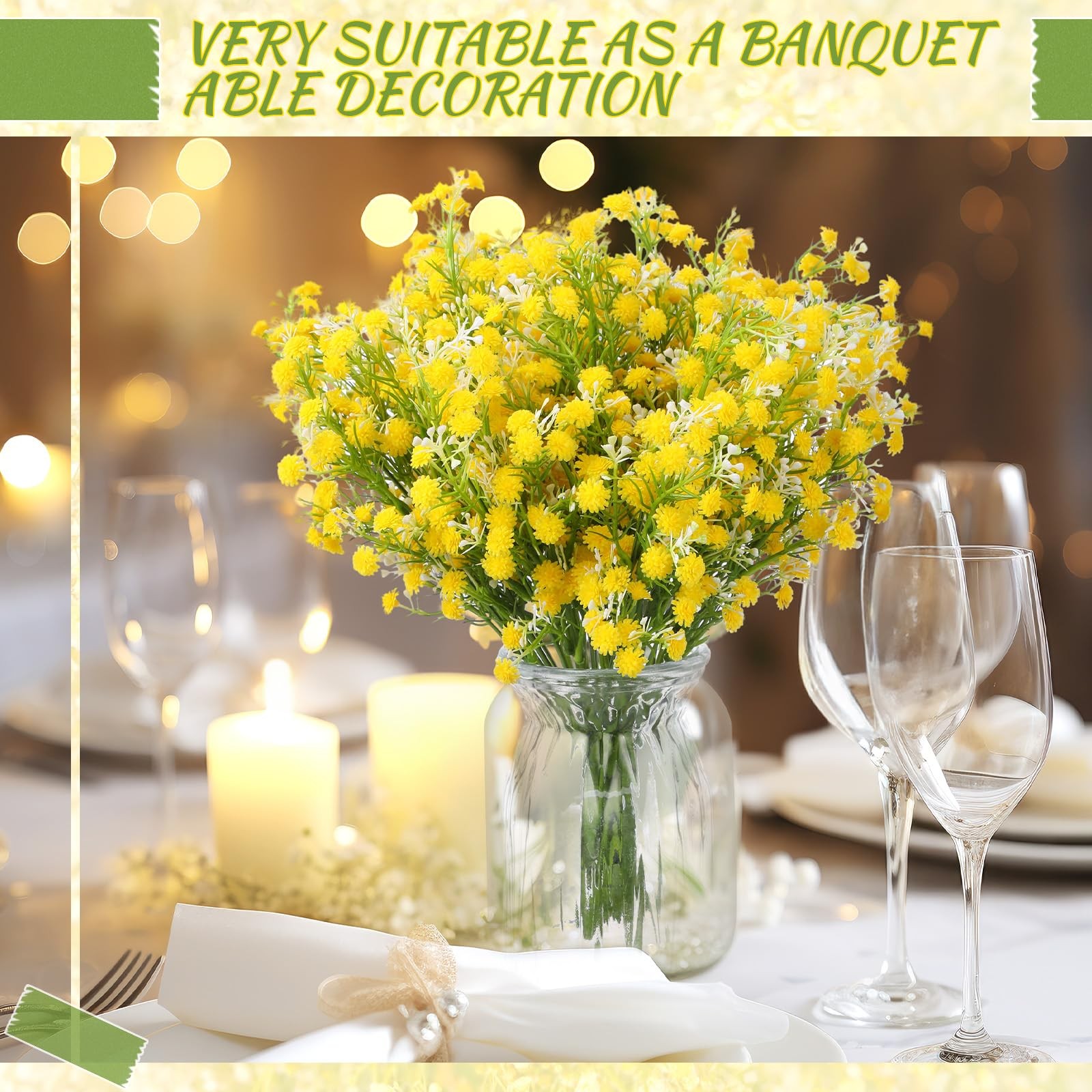 12 PCS Spring Babys Breath Flowers Artificial Gypsophila Bouquet Yellow Decor