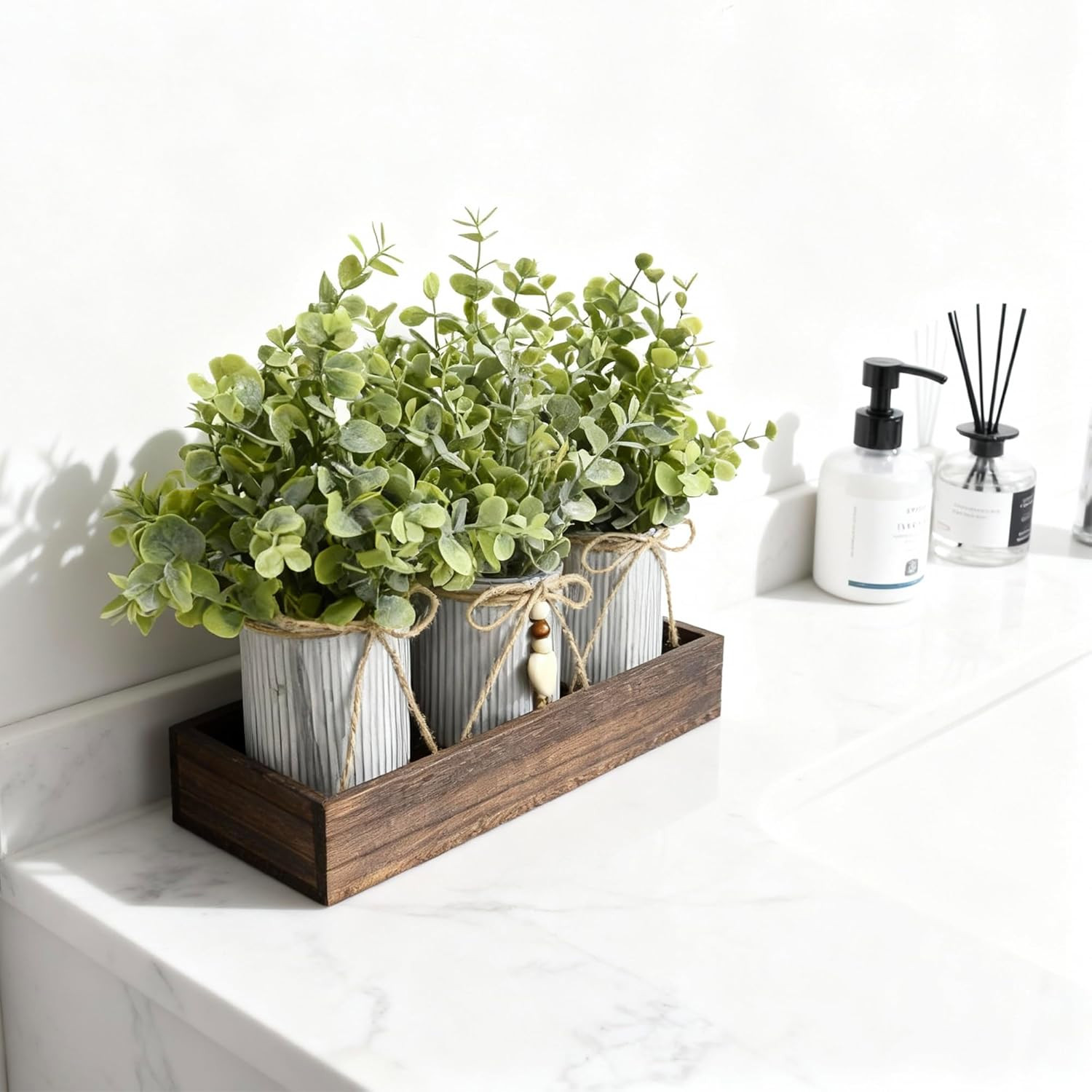 Rustic Farmhouse 3-Piece Artificial Eucalyptus Centerpiece – Wooden Tray with 3