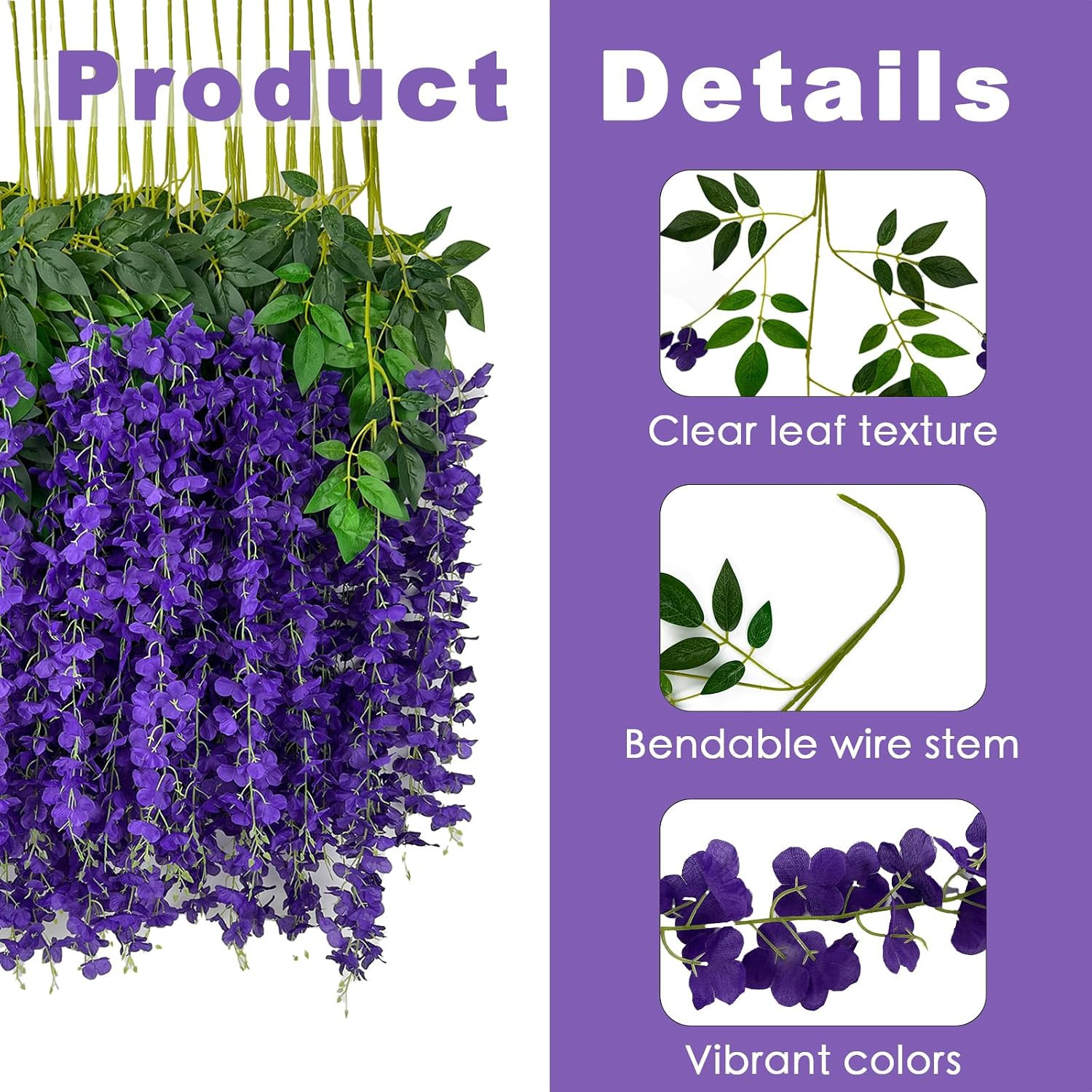 24 Pcs Dark Purple Artificial Wisteria Flowers for Wedding & Home Decor