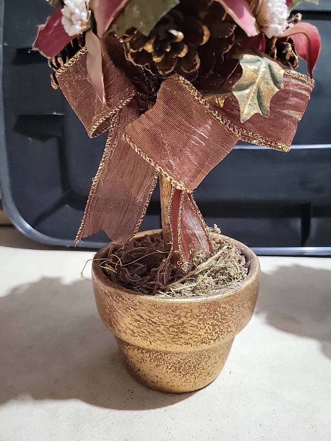 Artificial Topiary Tree Pinecones, Leaves, Berries, Mauve & Gold Color 15”