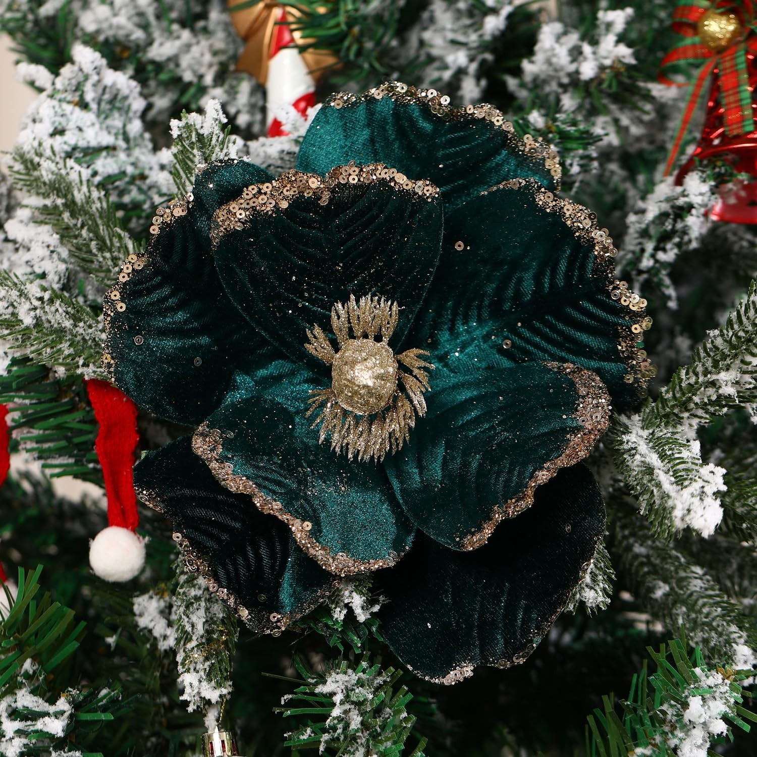 6 PCS Blackish Green 8.3 In Glitter Artificial Magnolia Christmas Flowers Set