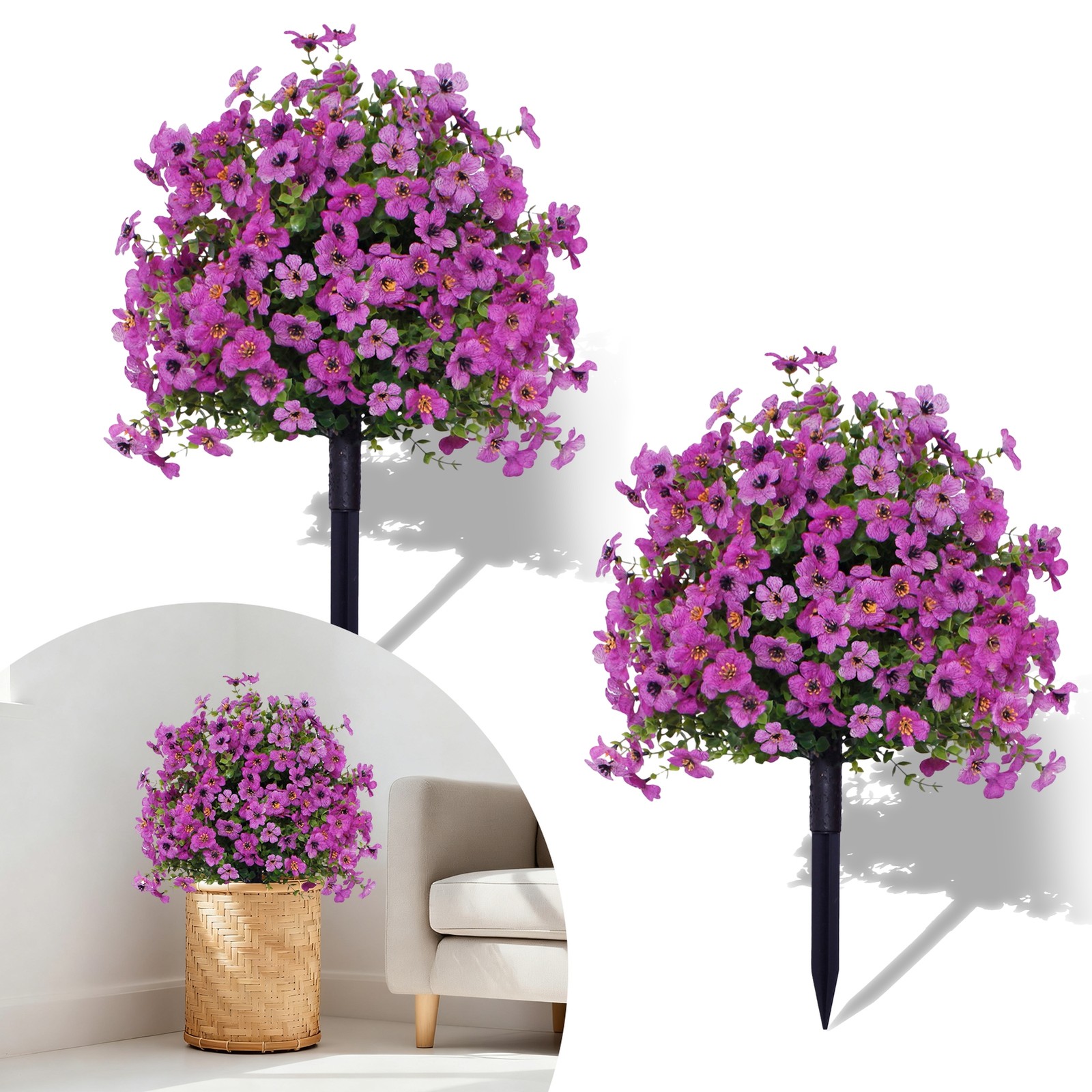 2PC Artificial Violet Flowers w/Ground Spike Fake Plants Garden Patio Yard Decor