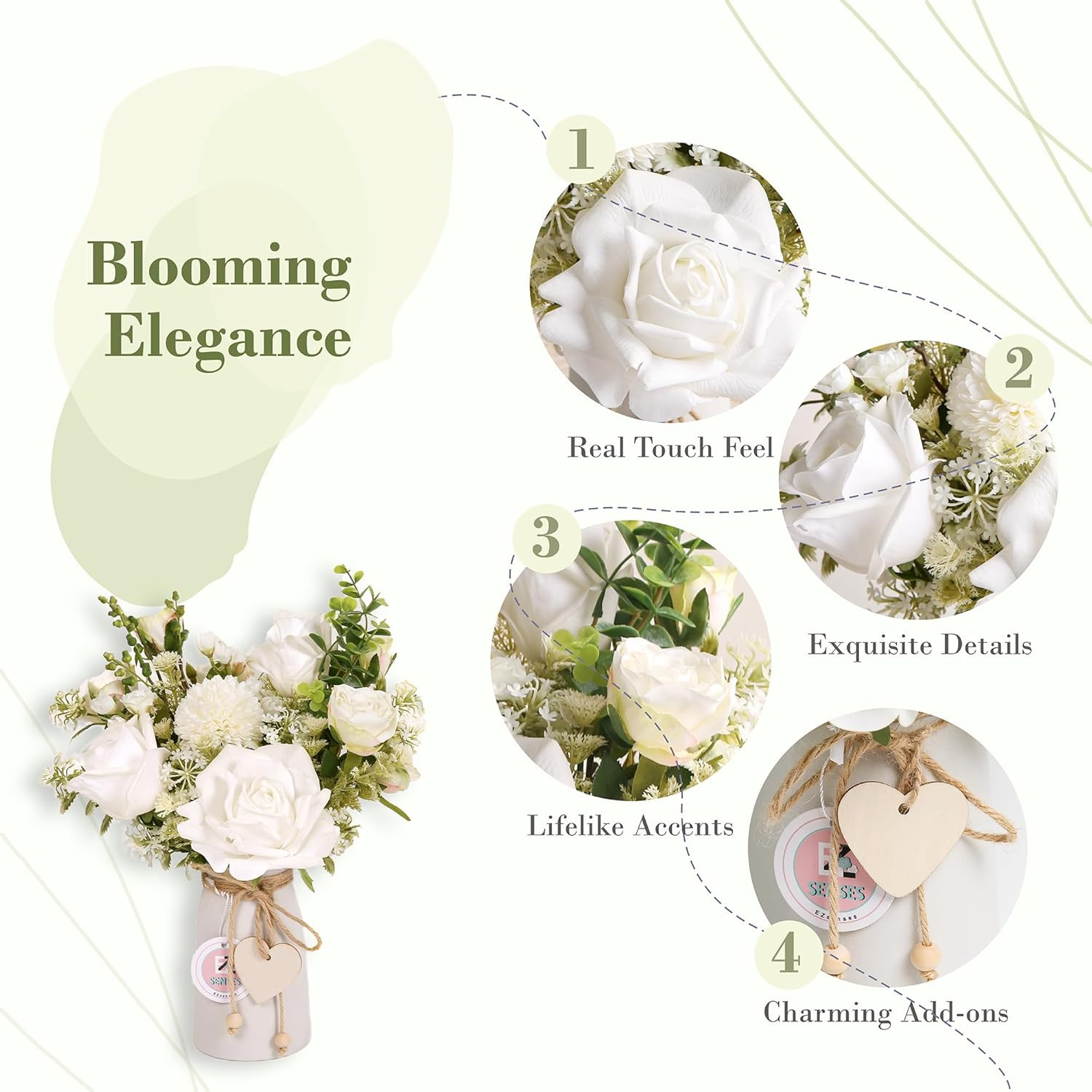 Elegant Silk Flower Arrangement with Vase – Faux Roses & Eucalyptus Decor