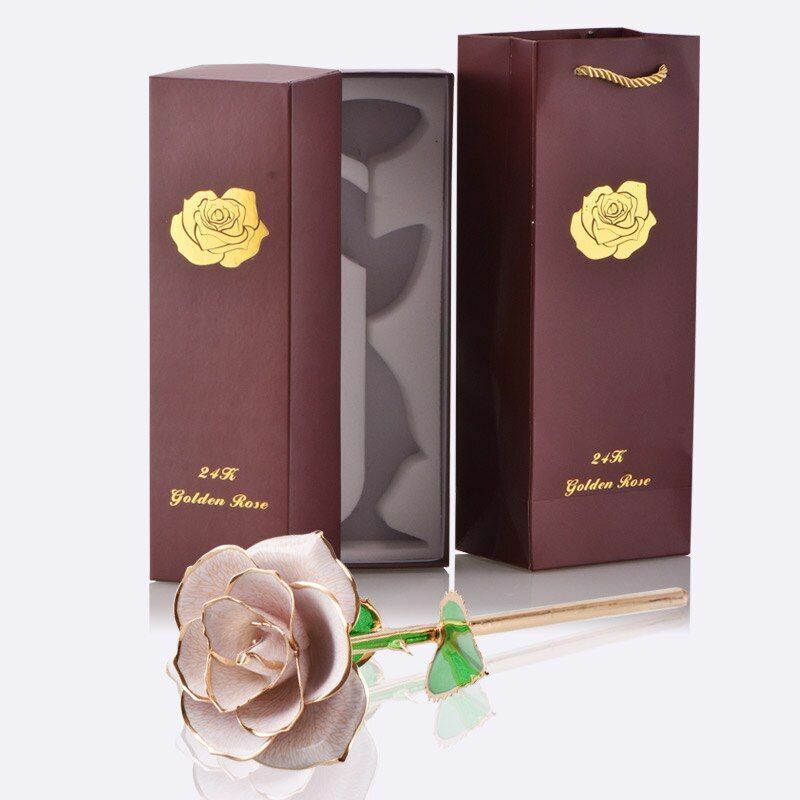 Gold Artificial Rose Flower In Box Surprize Birthday Valentine Day Gift For Girl