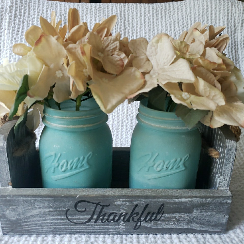 Rustic Mason Jar Table Centerpiece Thankful Wood Tray Kitchen Decor Living Room