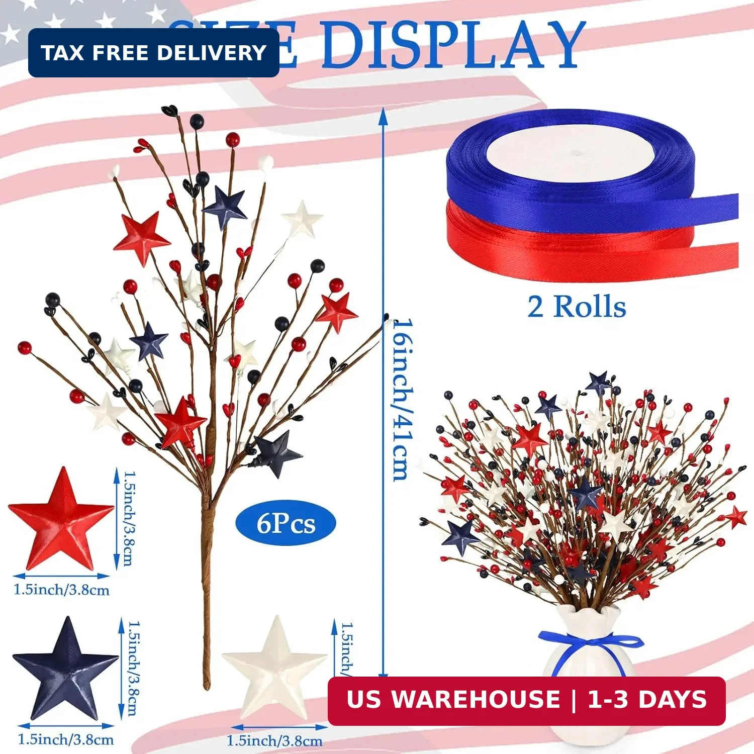 JUNEBRUSHS 6 Pack Patriotic Artificial Berry Stem Picks Red White and Blue Artif