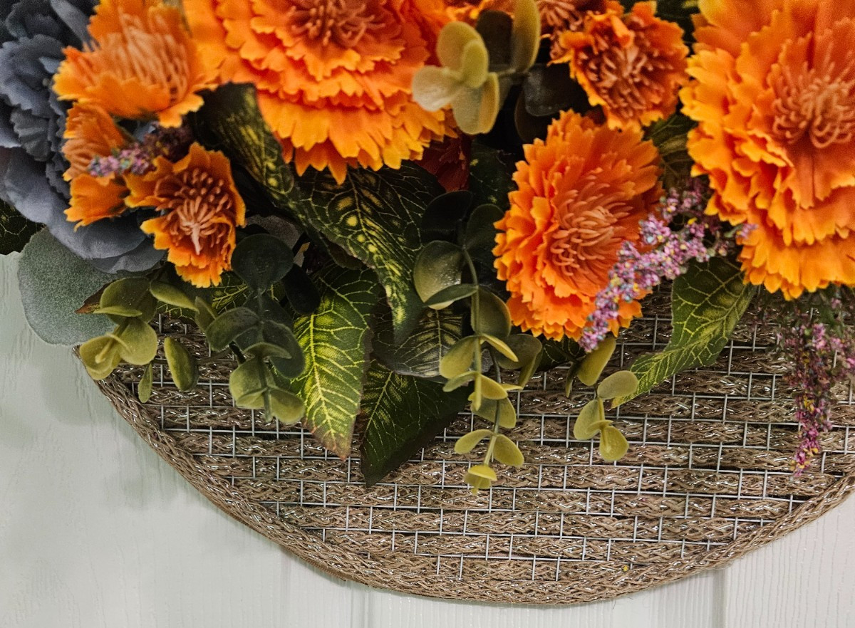 Fall Orange and Blue Blessing Basket Wreath, Faux Florals Flowers
