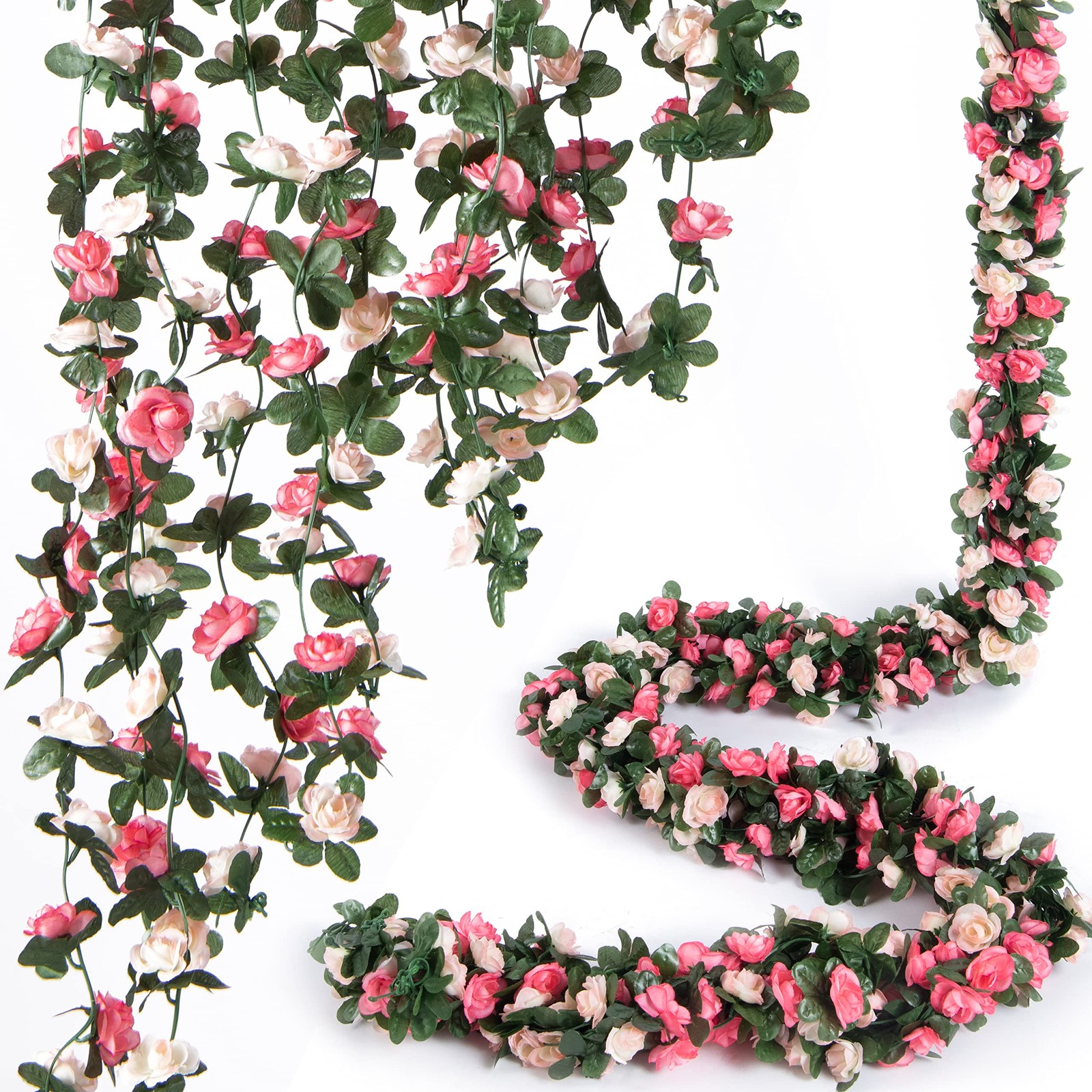 Artificial Flower Garland 8pcs x 8.2ft Floral Rose Vine Decor, Pink Flowers