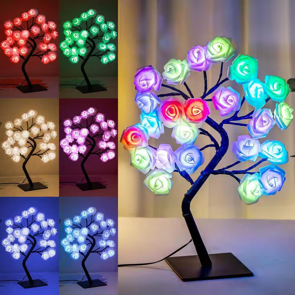 Artificial Rose Tree Lamp Multicolor LED Flower Night Light Tabletop Bonsai Tree