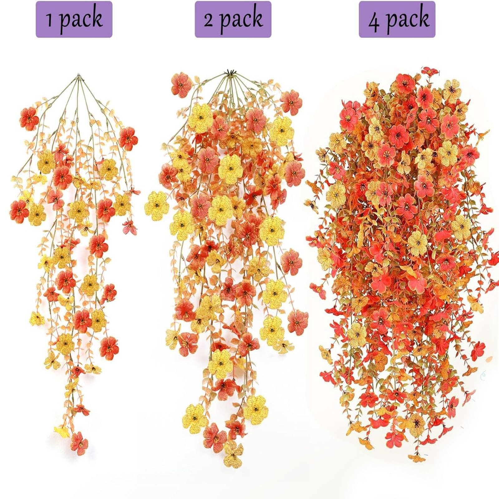 4Pcs Artificial Hanging Flowers UV Resistant Silk Faux Orange Yellow for Garden