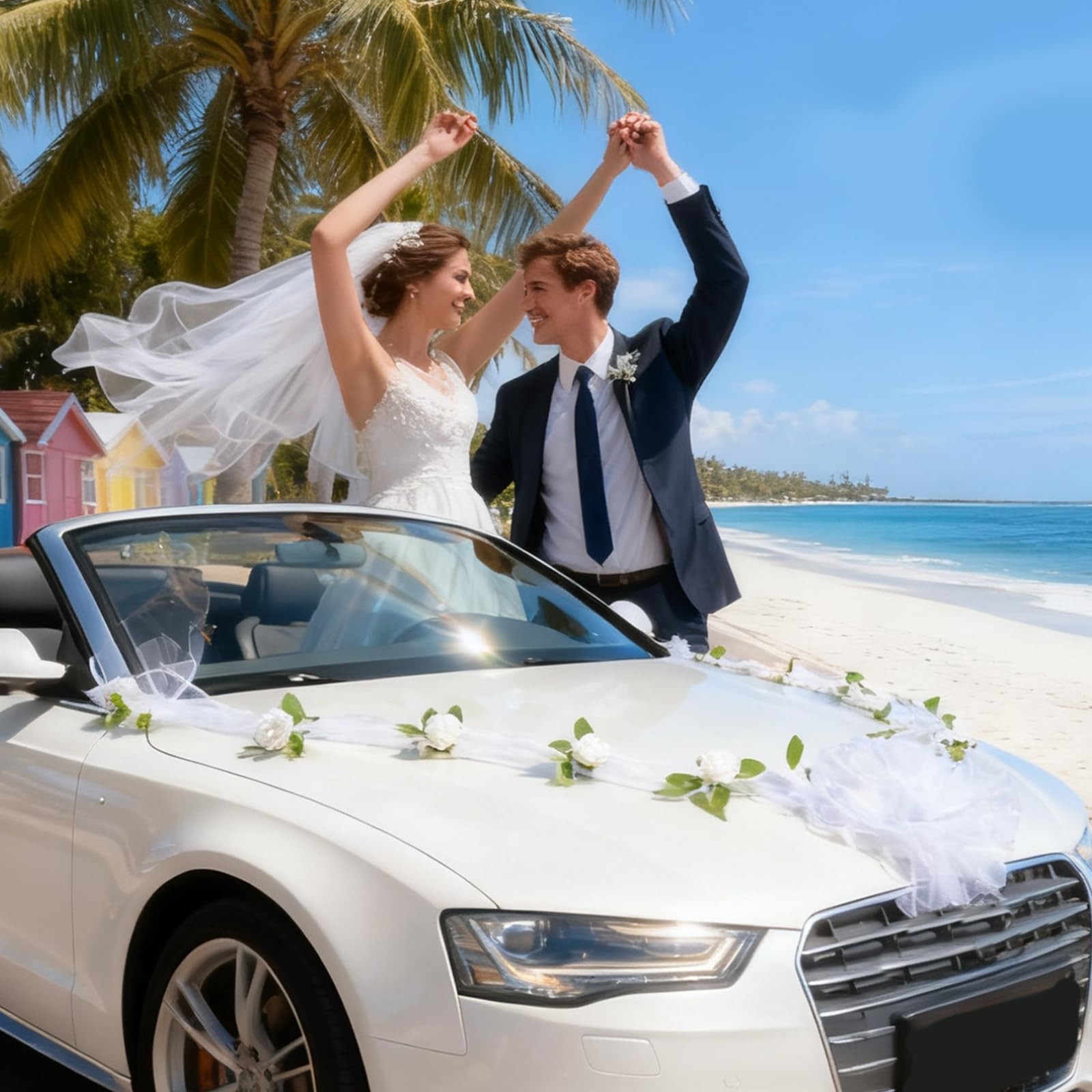 Wedding Car Decorations Artificial Flower Ball Bouquet White Yarn Tulle Ribbon