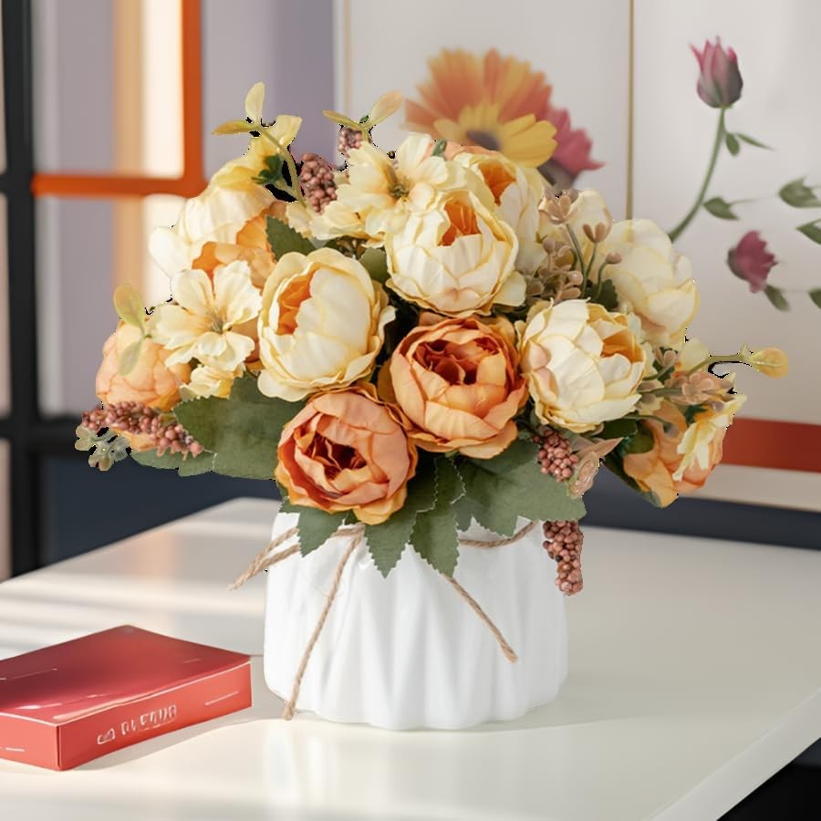 Fake Flowers Vase Small Artificial Silk Ceramic Faux Arrangement Peony Yellow