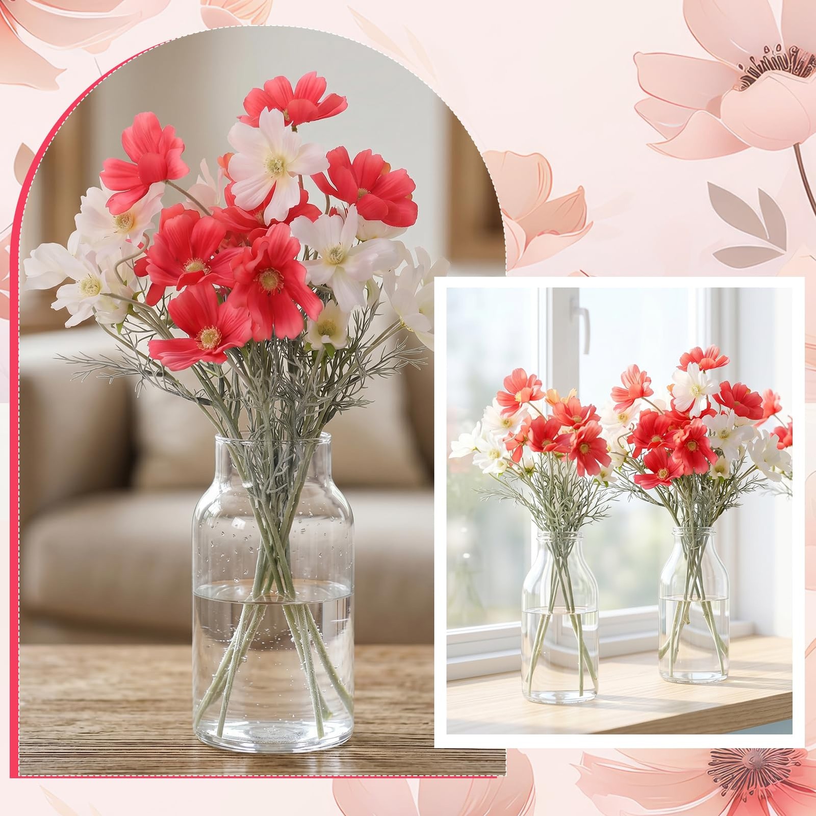 6 Pcs 23.6 Inch Deep Pink White Artificial Flowers Cosmos for Vase,Pink Fake …